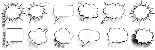 Set of comic speech bubbles and thought clouds with halftone shadows isolated on white background for pop art design elements.