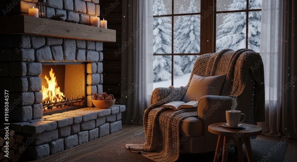 Fototapeta premium A cozy living room with a stone fireplace, armchair, and a cup of hot cocoa on a wooden table.