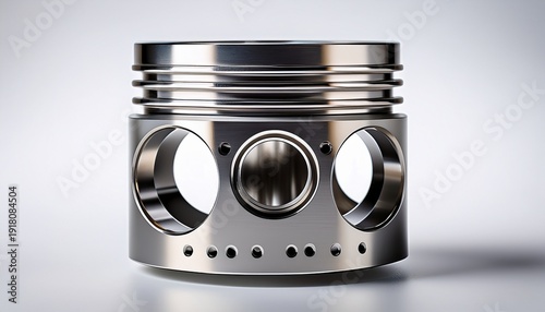 close up of a silver piston with rings and pinhole details on a white background in studio lighting
