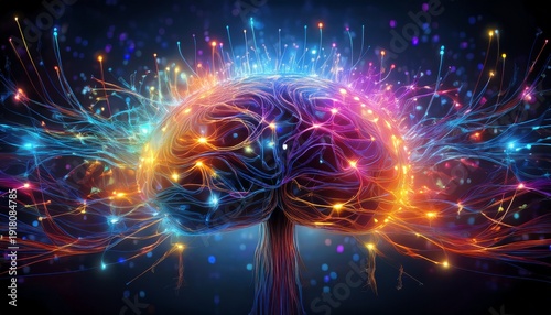 abstract representation of brain activity with colorful neural connections and glowing lights in dark background