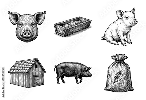 Vintage engraving style farm livestock collection featuring domestic pigs, wooden shed, trough, and grain sack in a hand-drawn woodcut aesthetic.