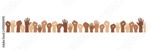 Diverse raised hands banner for unity, equality and inclusion
