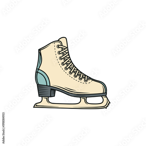 Cream Ice Skate with Blue Accents and Silver Blade on White