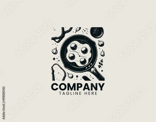 fried egg in a black pan with toast and garlic around it black vector logo illustration white background