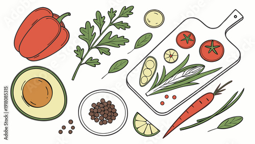 A collection of fresh vegetables and ingredients arranged for healthy cooking preparation on a white background