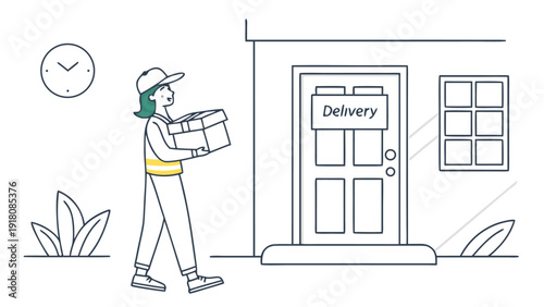 A female delivery courier wearing a cap delivers a package to a house door with a clock nearby