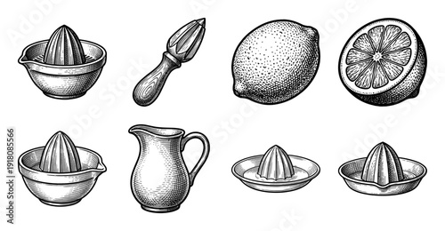 Vintage engraving style collection of manual citrus juicers, wooden reamers, ceramic pitchers, and fresh lemon fruit illustrations.