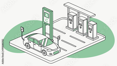 A modern isometric illustration depicting an electric vehicle charging at a station in a designated parking lot
