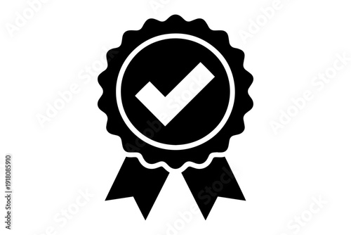 Black and white badge with a check mark signifies approval or quality, clean and minimalist design