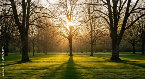 Sunlight filtering through leafless trees in a park, casting shadows on the grass.