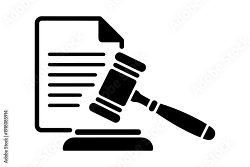 Black and white image of gavel poised over legal document, representing justice and law