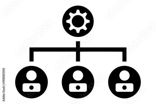 iconic representation of organizational structure with gears and individuals, illustrating effective management and hierarchical roles