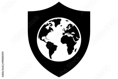 symbol of global protection and security, depicting Earth embraced by shield, embodying safeguarding and safety