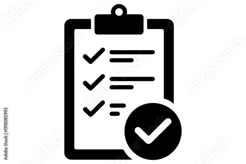 Checklist icon representing task completion with check marks and done symbol in black color and flat design