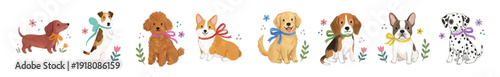 Cute watercolor puppies clipart set with bows and flowers: Dachshund, Jack Russell Terrier, Poodle, Corgi, Golden Retriever, Beagle, French Bulldog, Dalmatian. Perfect for invitation, card, poster