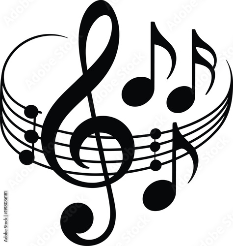 Black treble clef and musical notes on staff lines