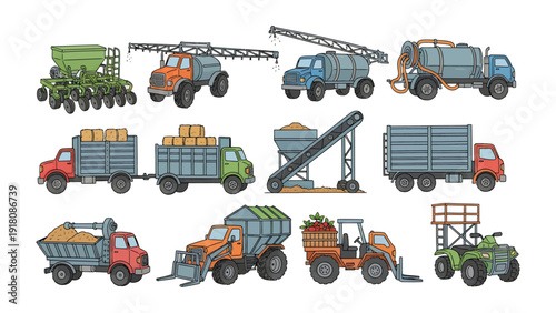 Farm Equipment Collection: A diverse assembly of essential agricultural machines, meticulously illustrated, ready for planting, harvesting, and transporting.