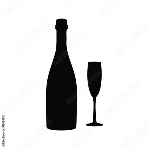 champagne bottle with glass flute silhouette vector illustration, Silhouette of wine bottle and glass, elegant celebration design, perfect for party invitations, silhouette vector illustration