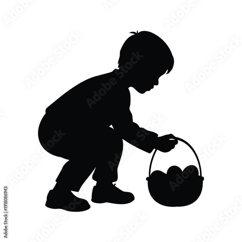 child hiding easter eggs silhouette vector illustration, A young child picking fruits from a basket, silhouette vector illustration