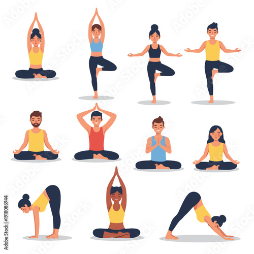 Group of People Practicing Diverse Yoga Postures for Group Class Concept