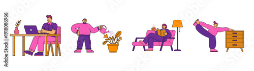 Flat Vector Lifestyle Characters Illustration Element Kit for Wellness and Remote Work Design