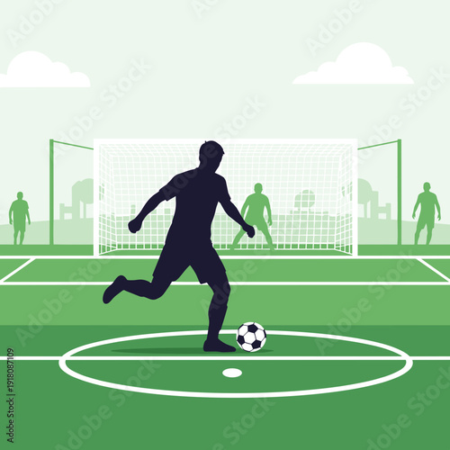 Soccer Player Silhouette Dribbling Ball on Professional Stadium Field Background