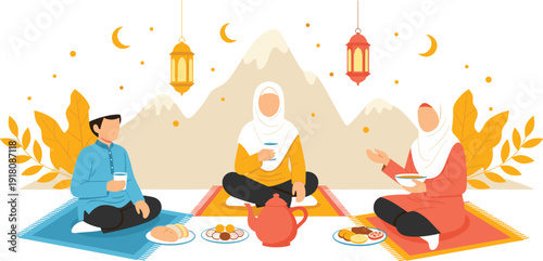 Muslim Family Sitting on Rugs Eating Iftar Dinner with Lanterns and Mountains for Ramadan Kareem, Eid Mubarak, and Islamic Cultural Celebration Designs