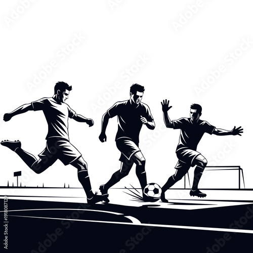 Dramatic Black and White Silhouette of Three Soccer Players Running on Pitch