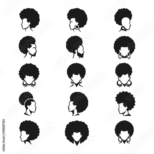 Grid Layout of Minimalist Black Head Silhouettes with Various Afro Styles