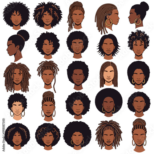 Grid Collection of Women Face Portraits with Various Afro Hair Accessories