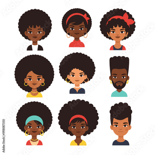 Collection of Diverse African American Avatar Portraits with Various Natural Hairstyles