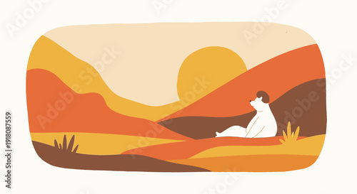 Serene desert landscape with a person sitting alone at sunset from a distant viewpoint.