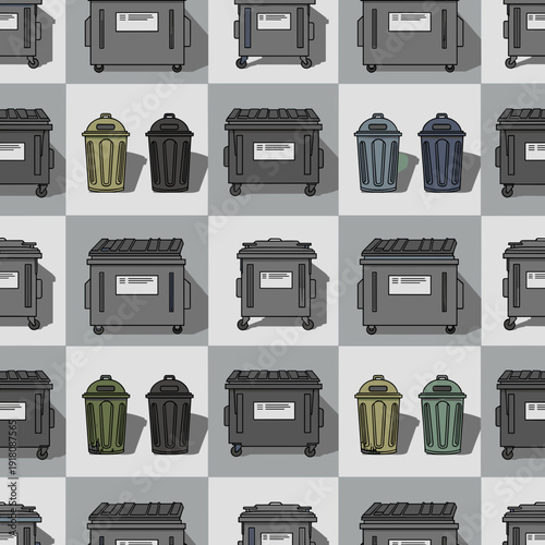 Seamless Pattern of Grey Industrial Dumpsters on Checkerboard Grid