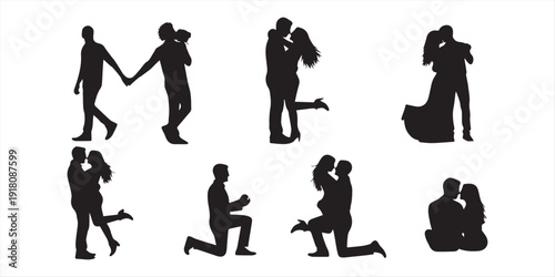 Romantic couple in various poses silhouettes collection set. Couple falling in love different poses isolated on white background silhouette set.
