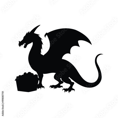 dragon guarding treasure silhouette vector illustration, Mythical dragon with treasure silhouette vector illustration design