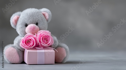 A teddy bear is sitting on a table with a pink box in front of it