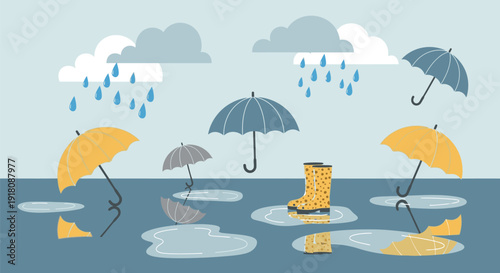 Rainy day scene with umbrellas and rain boots floating in puddles, vector illustration, cartoon style, blue background not visible, SR_fb03f054 reference
