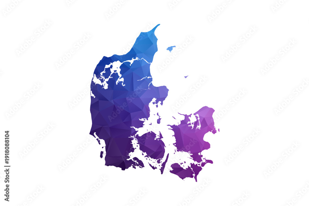 Obraz premium Denmark Map - Polygon Style Vector Illustration in Blue and Purple Gradient, Low Poly Geometric Design, Isolated on White Background, Ideal for Infographics and Learning Materials.