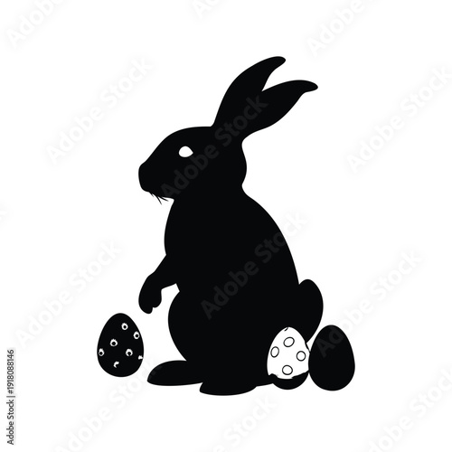 easter bunny hiding eggs silhouette vector illustration, Easter bunny with colorful eggs in silhouette vector illustration for holiday celebration
