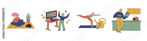 Flat Vector Remote Work and Wellness Character Graphic Set for Modern Lifestyle Blog