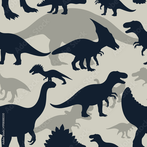 Seamless Pattern of Various Dinosaur Silhouettes and Ancient Plants