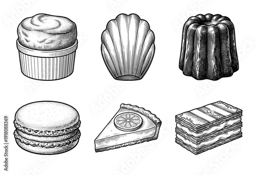 Vintage hand drawn engraving style illustration of French pastries including macaron, souffle, cannele, and lemon tart