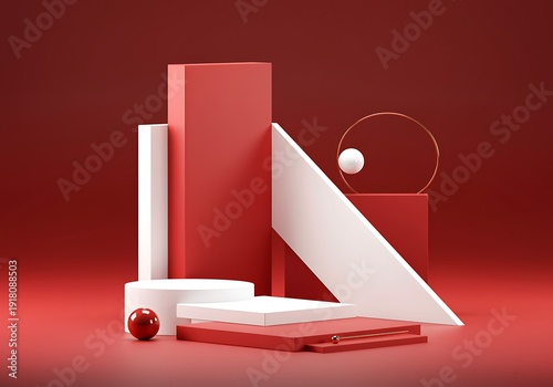 Geometric abstract composition featuring red and white minimalist podiums and spheres against a solid red background showcasing modern design principles and artistic arrangement