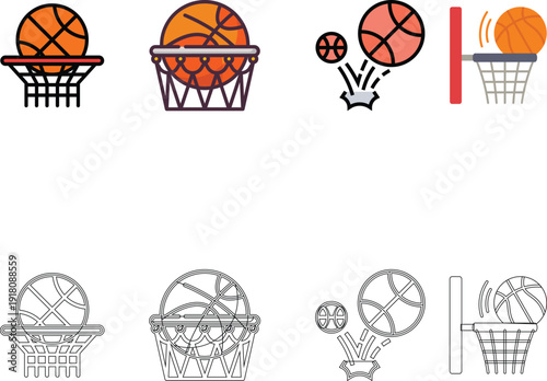 Mega Basketball Icon Bundle Featuring Professional Players, Slam Dunk Action, Dribbling, Teamwork, Flaming Ball and Equipment in Flat and Line Art Style