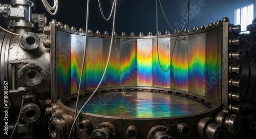 Advanced scientific experiment with iridescent liquid inside a high-tech containment vessel