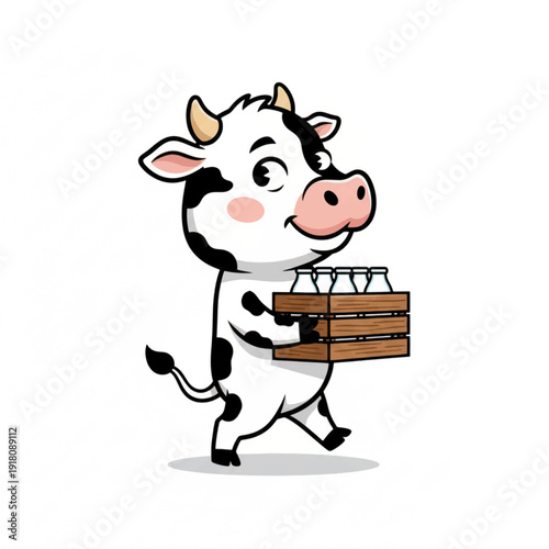 Cute cow cartoon vector illustration carrying milk bottles in wooden crate, farm animal character isolated on white background for dairy agriculture concept