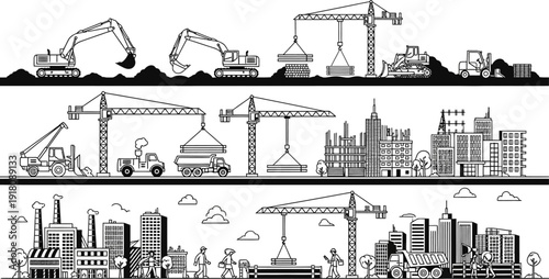 construction site with cranes and excavators and buildings and workers