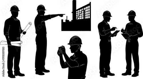 Silhouette of construction workers in various poses with building blueprints and hard hats on white background