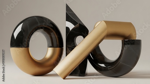 Abstract Geometric Shapes Sculpture, Modern Art, Gold and Black