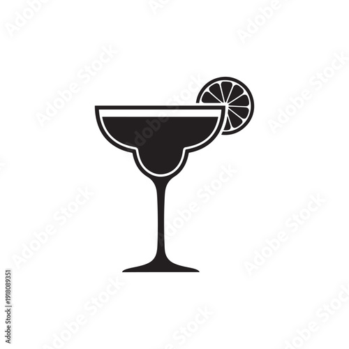  Iconic black silhouette of a margarita cocktail in a coupe glass, garnished with a lime slice, perfect for bar menus, party invitations, and beverage promotions.